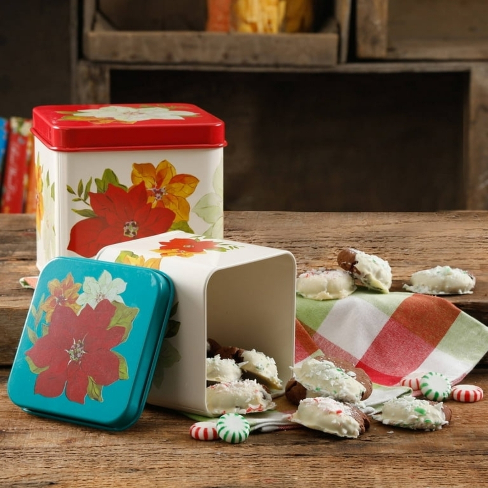 NWT/NIB The Pioneer Woman Poinsettia 2-Piece Square Cookie Set Tins Christmas - Picture 2 of 8